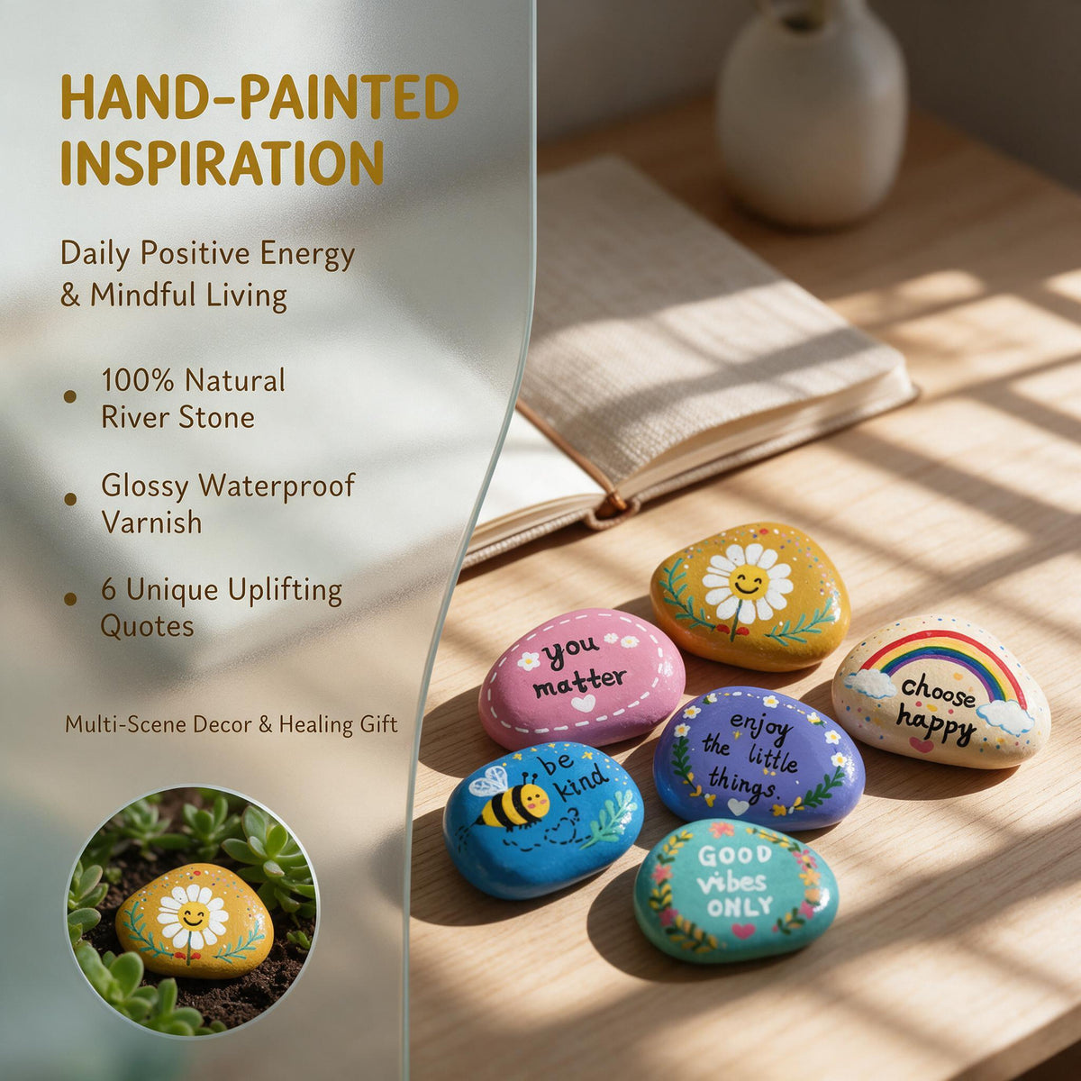 Hand-Painted Message Stones, Set of 6, Inspirational Gift
