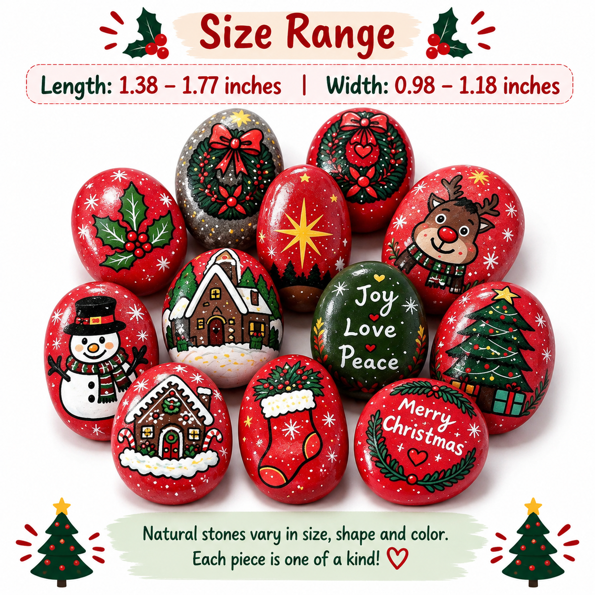 Hand Painted Christmas Rocks, Christmas Stone Art Set, Santa Snowman Reindeer Decor, 6 9 12 Piece Holiday Gift, Christmas Decor