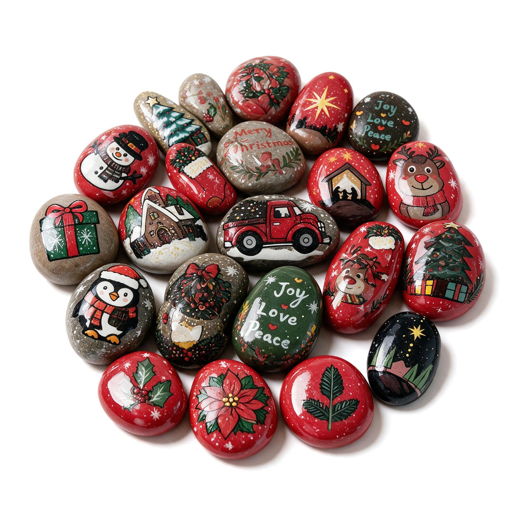 Hand Painted Christmas Rocks, Christmas Stone Art Set, Santa Snowman Reindeer Decor, 6 9 12 Piece Holiday Gift, Christmas Decor