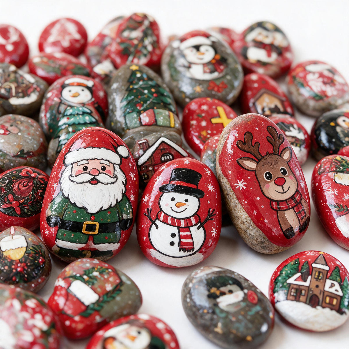 Hand Painted Christmas Rocks, Christmas Stone Art Set, Santa Snowman Reindeer Decor, 6 9 12 Piece Holiday Gift, Christmas Decor