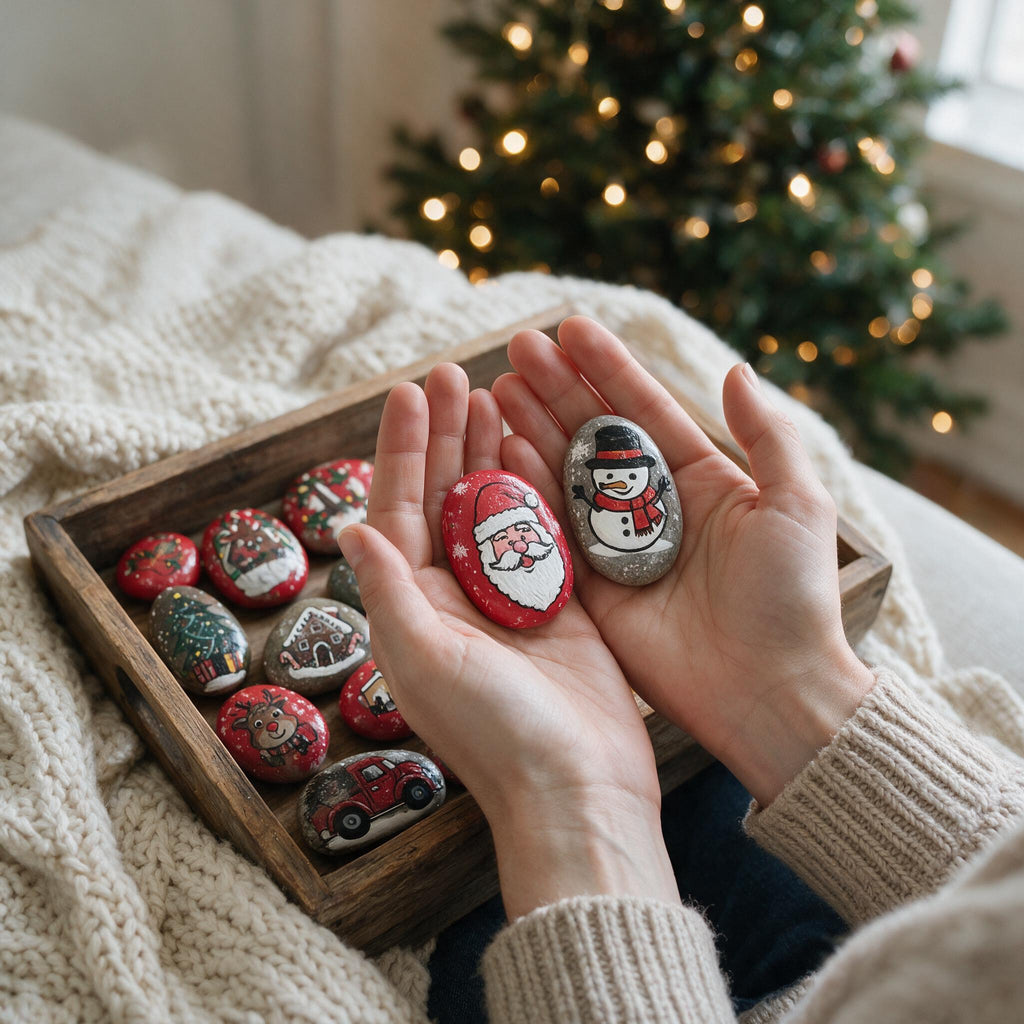 Hand Painted Christmas Rocks, Christmas Stone Art Set, Santa Snowman Reindeer Decor, 6 9 12 Piece Holiday Gift, Christmas Decor