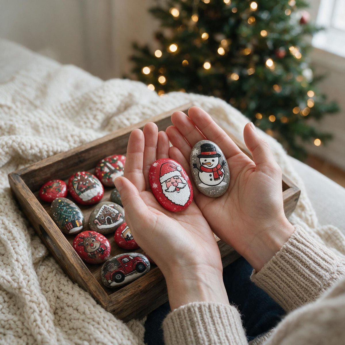Hand Painted Christmas Rocks, Christmas Stone Art Set, Santa Snowman Reindeer Decor, 6 9 12 Piece Holiday Gift, Christmas Decor