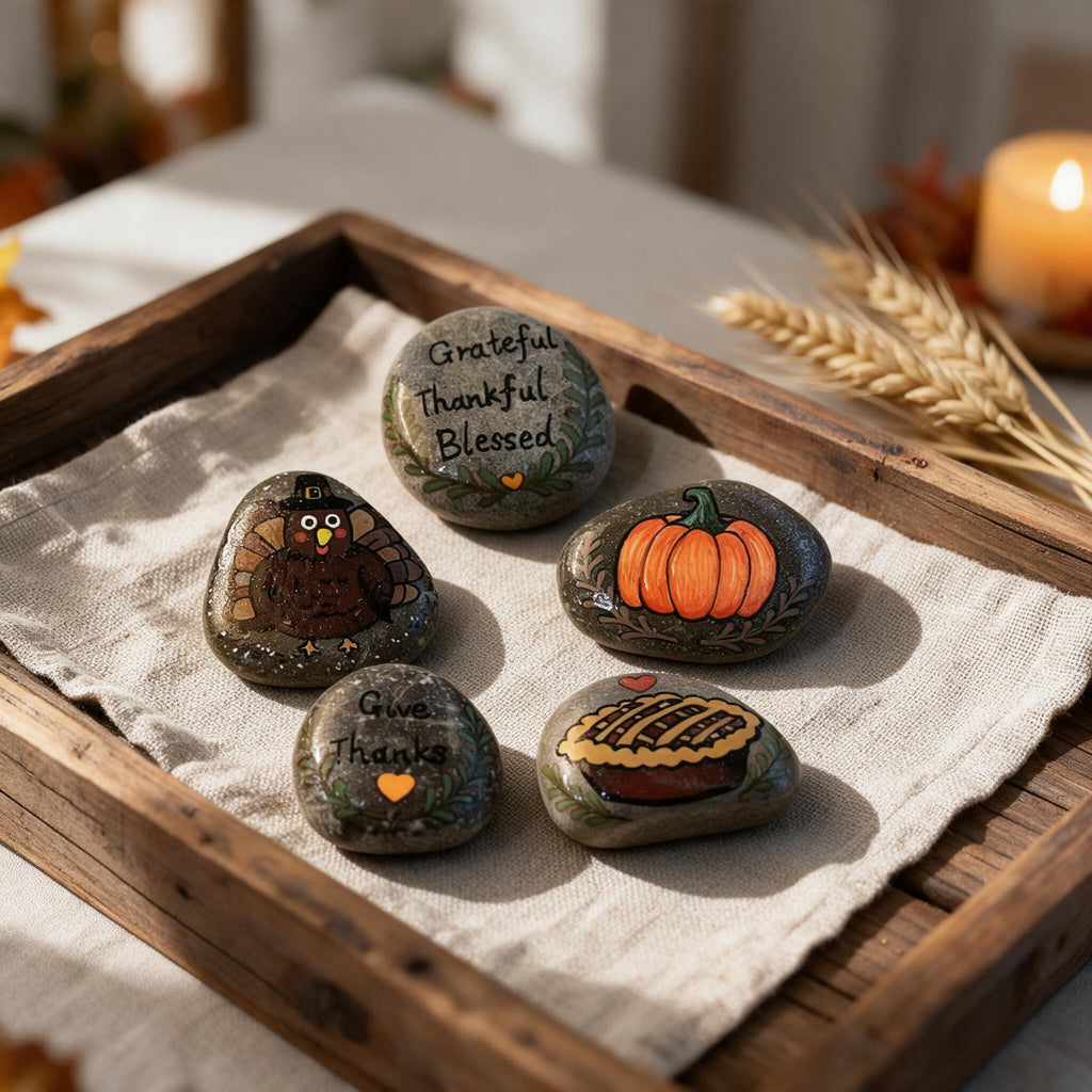 Hand-Painted Thanksgiving Stone Sets – 5 or 6 Piece Options