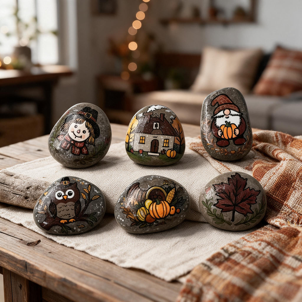 Hand-Painted Thanksgiving Stone Sets – 5 or 6 Piece Options