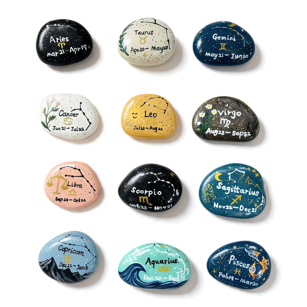12 Zodiac Hand Painted Stones, Astrology Gifts, Zodiac Sign Decor, Birthday Gift, Celestial Keepsake