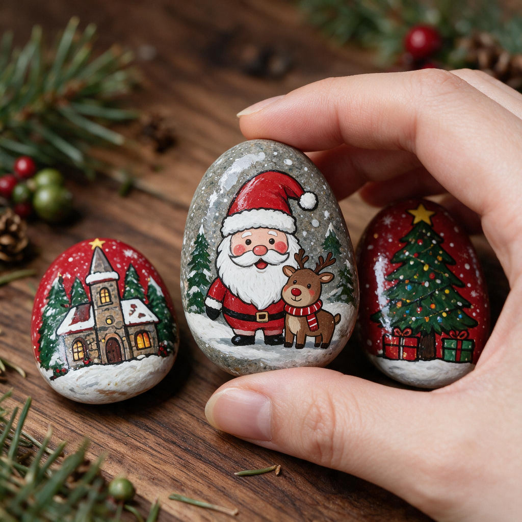 Hand Painted Christmas Rocks, Christmas Stone Art Set, Santa Snowman Reindeer Decor, 6 9 12 Piece Holiday Gift, Christmas Decor