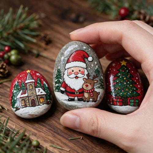 Hand Painted Christmas Rocks, Christmas Stone Art Set, Santa Snowman Reindeer Decor, 6 9 12 Piece Holiday Gift, Christmas Decor