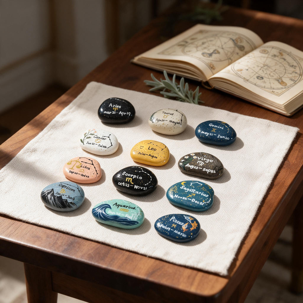 12 Zodiac Hand Painted Stones, Astrology Gifts, Zodiac Sign Decor, Birthday Gift, Celestial Keepsake