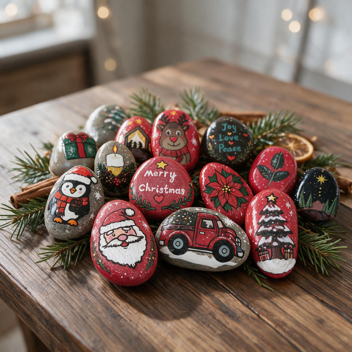 Hand Painted Christmas Rocks, Christmas Stone Art Set, Santa Snowman Reindeer Decor, 6 9 12 Piece Holiday Gift, Christmas Decor