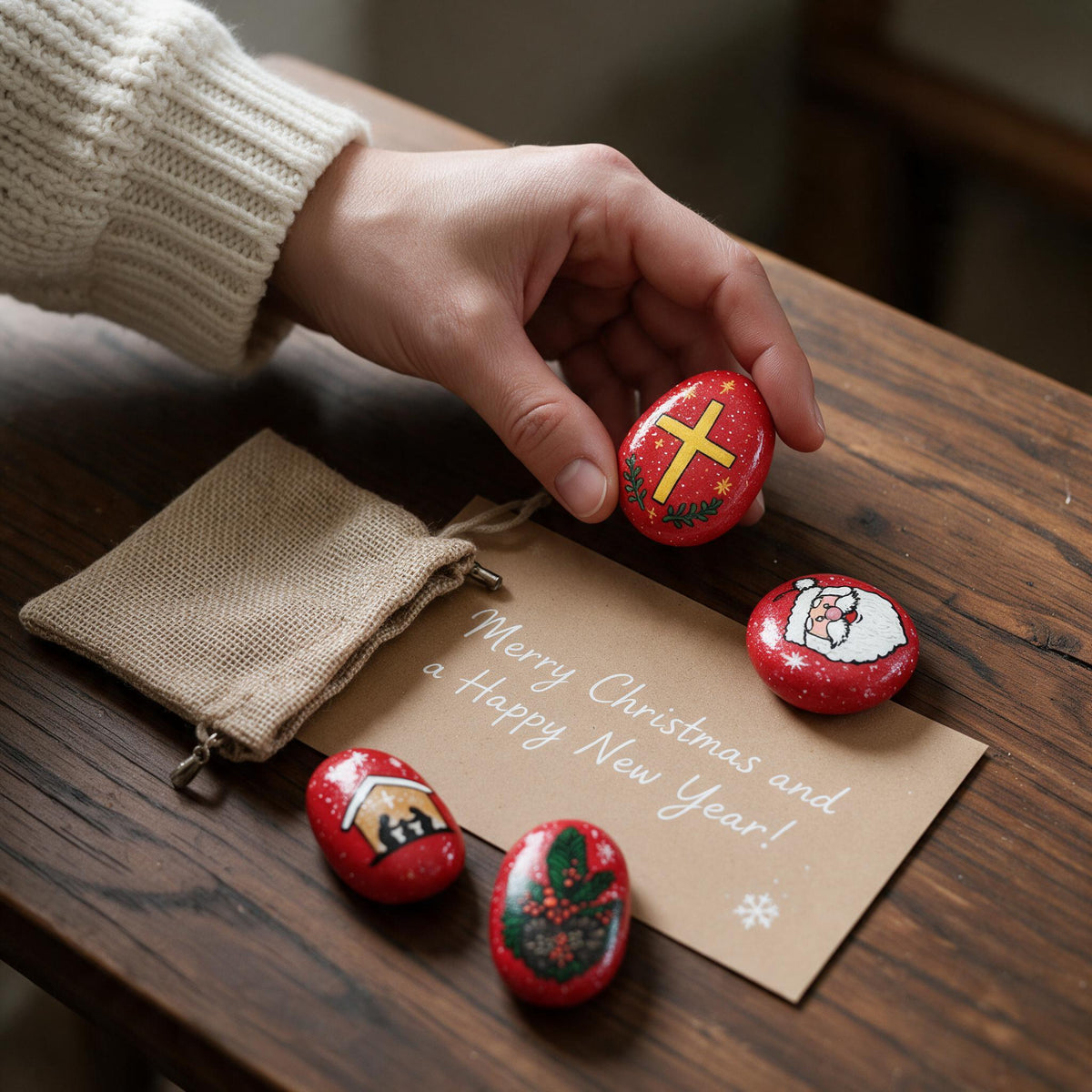 Hand Painted Christmas Rocks, Christmas Stone Art Set, Santa Snowman Reindeer Decor, 6 9 12 Piece Holiday Gift, Christmas Decor