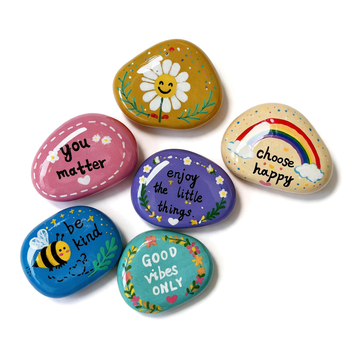 Hand-Painted Message Stones, Set of 6, Inspirational Gift
