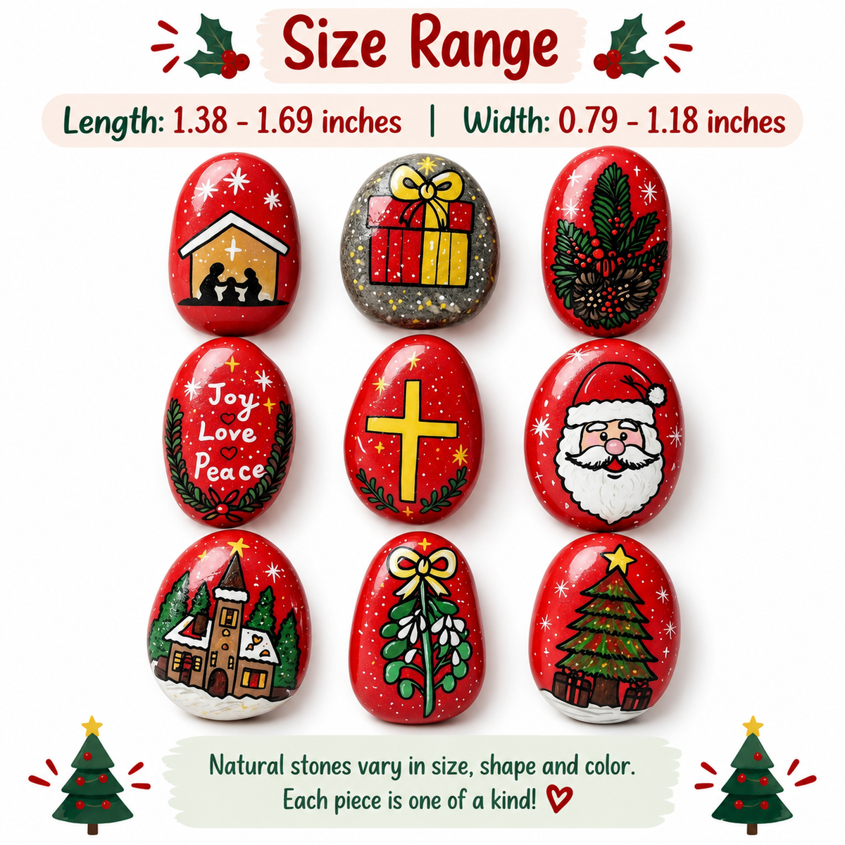 Hand Painted Christmas Rocks, Christmas Stone Art Set, Santa Snowman Reindeer Decor, 6 9 12 Piece Holiday Gift, Christmas Decor