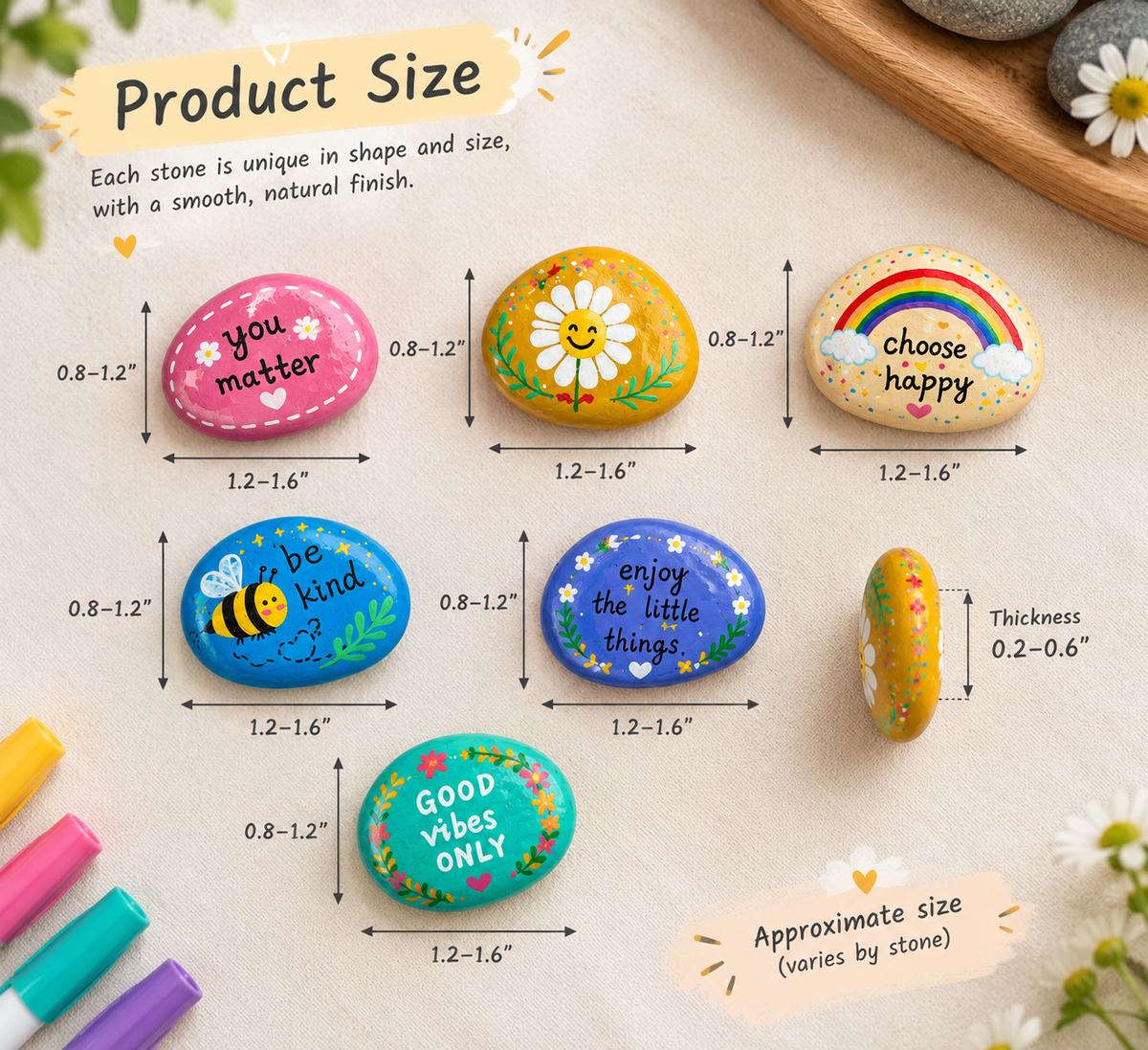 Hand-Painted Message Stones, Set of 6, Inspirational Gift