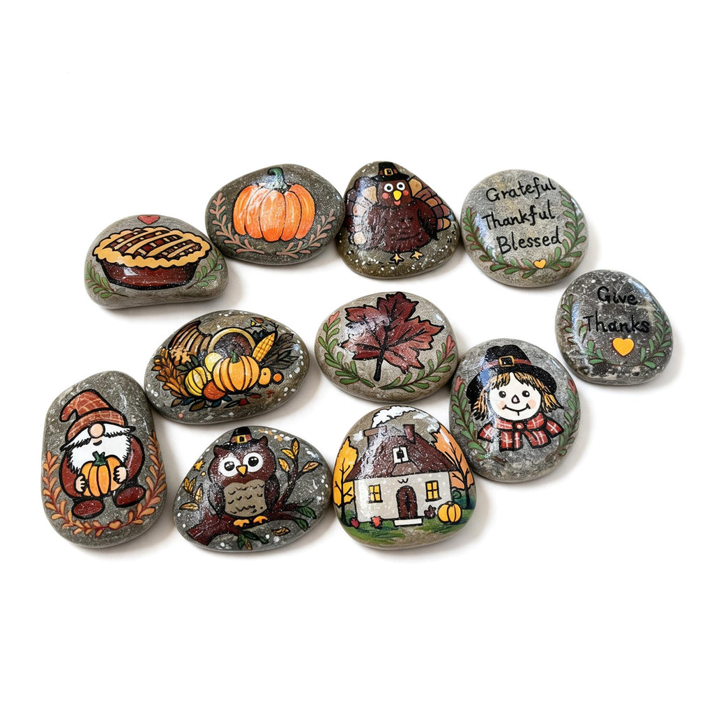 Hand-Painted Thanksgiving Stone Sets – 5 or 6 Piece Options