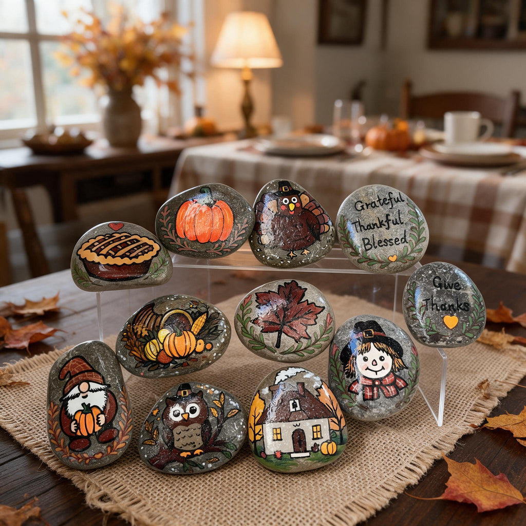 Hand-Painted Thanksgiving Stone Sets – 5 or 6 Piece Options