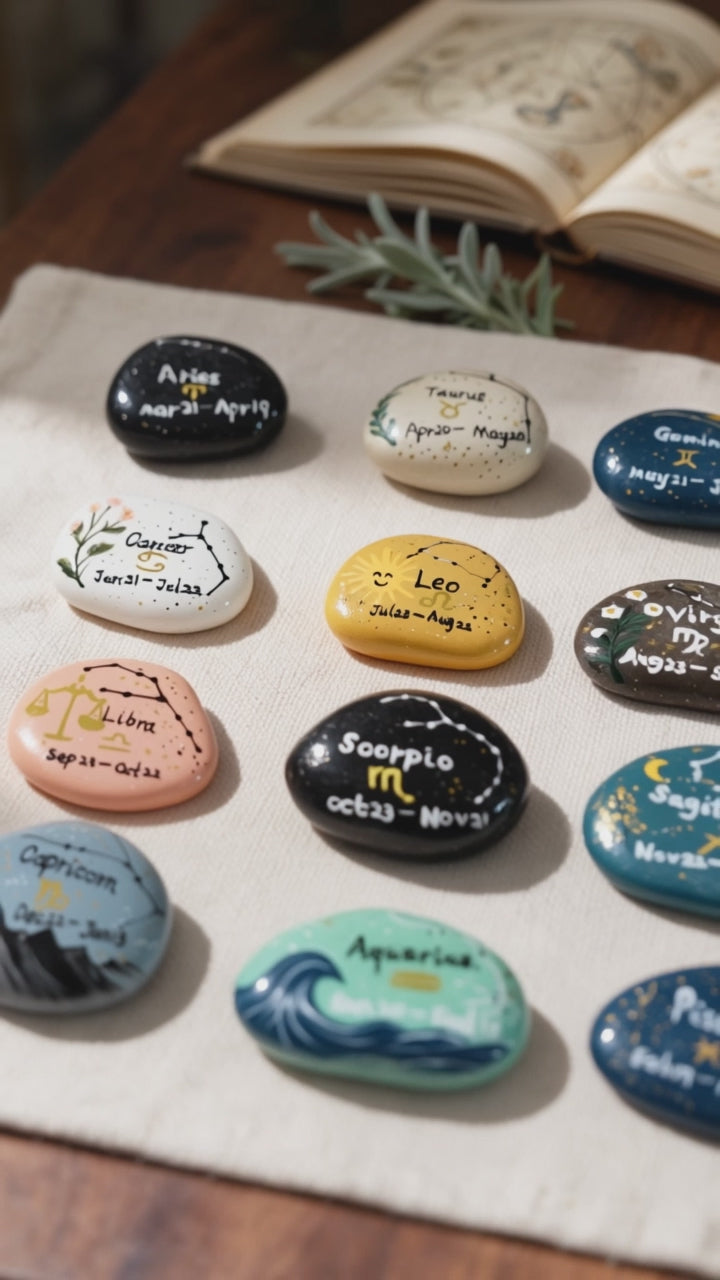 12 Zodiac Hand Painted Stones, Astrology Gifts, Zodiac Sign Decor, Birthday Gift, Celestial Keepsake